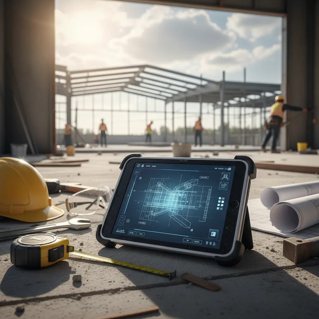 Engenheira utilizando tablet em canteiro de obras