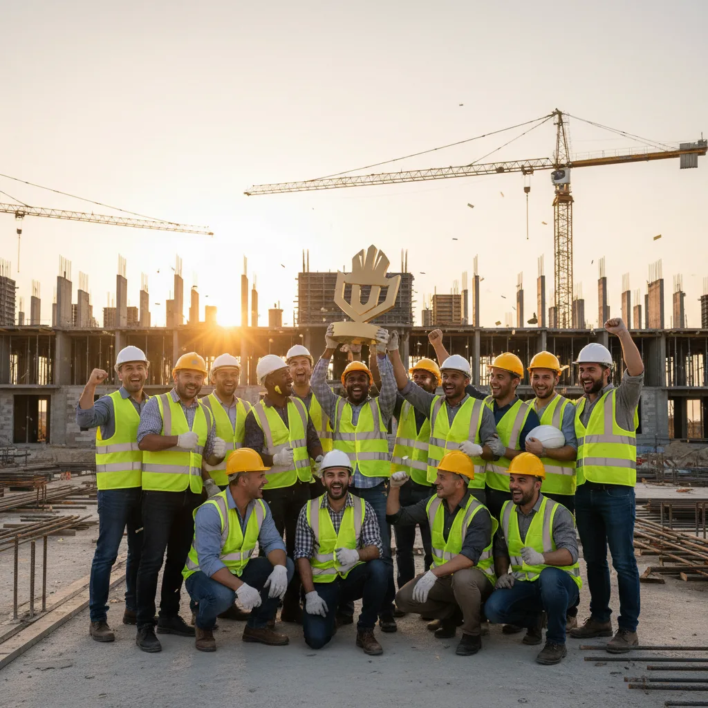Equipe em obra recebendo prêmio de inovação
